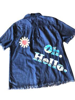 Women's Applique Denim Shirt, Upcycled Lightweight Button-Down, Oh Hello, Size M